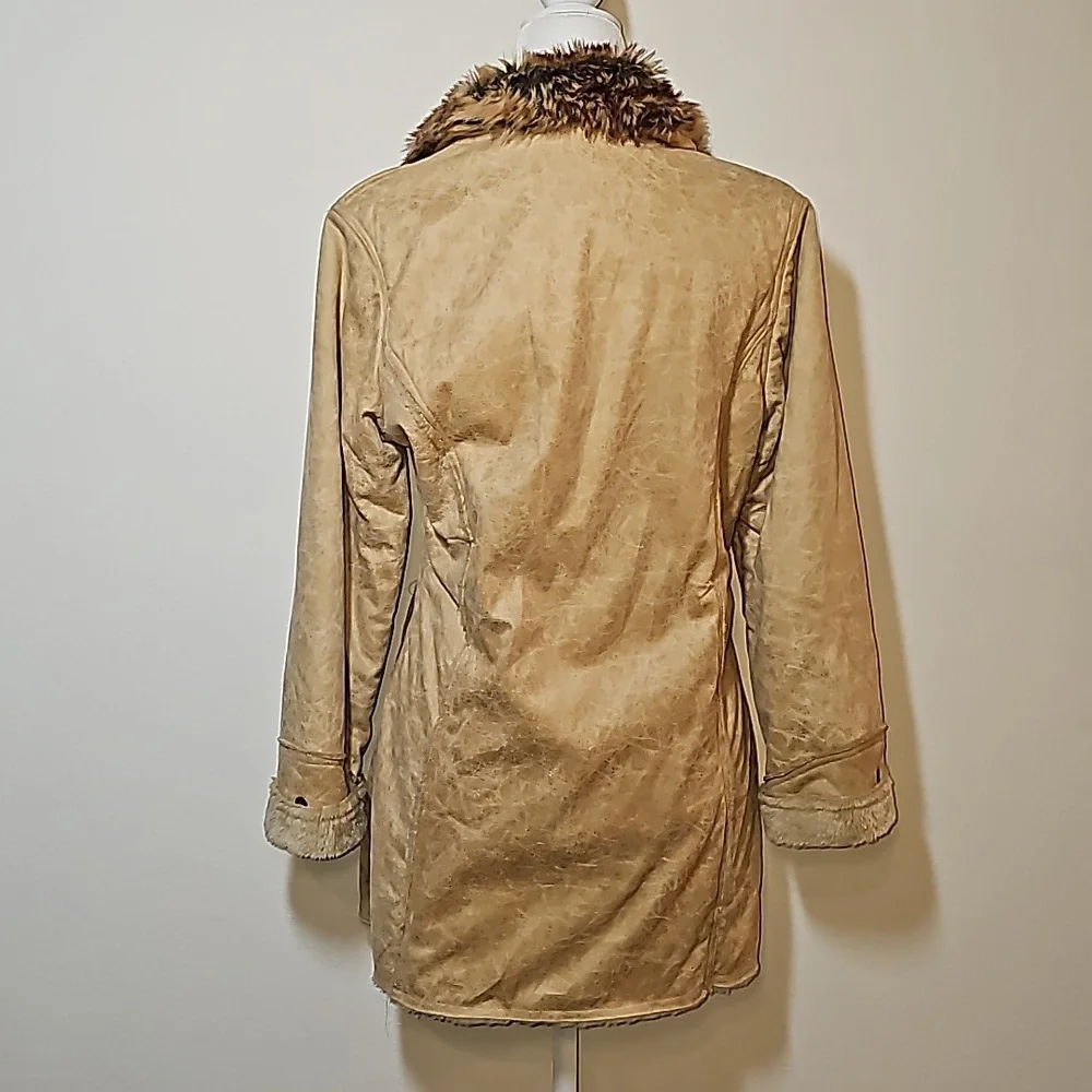Morricci Coat Jacket Penny Lane Lined Faux Suede Faux Fur Collar Pockets Tan L - Picture 4 of 12